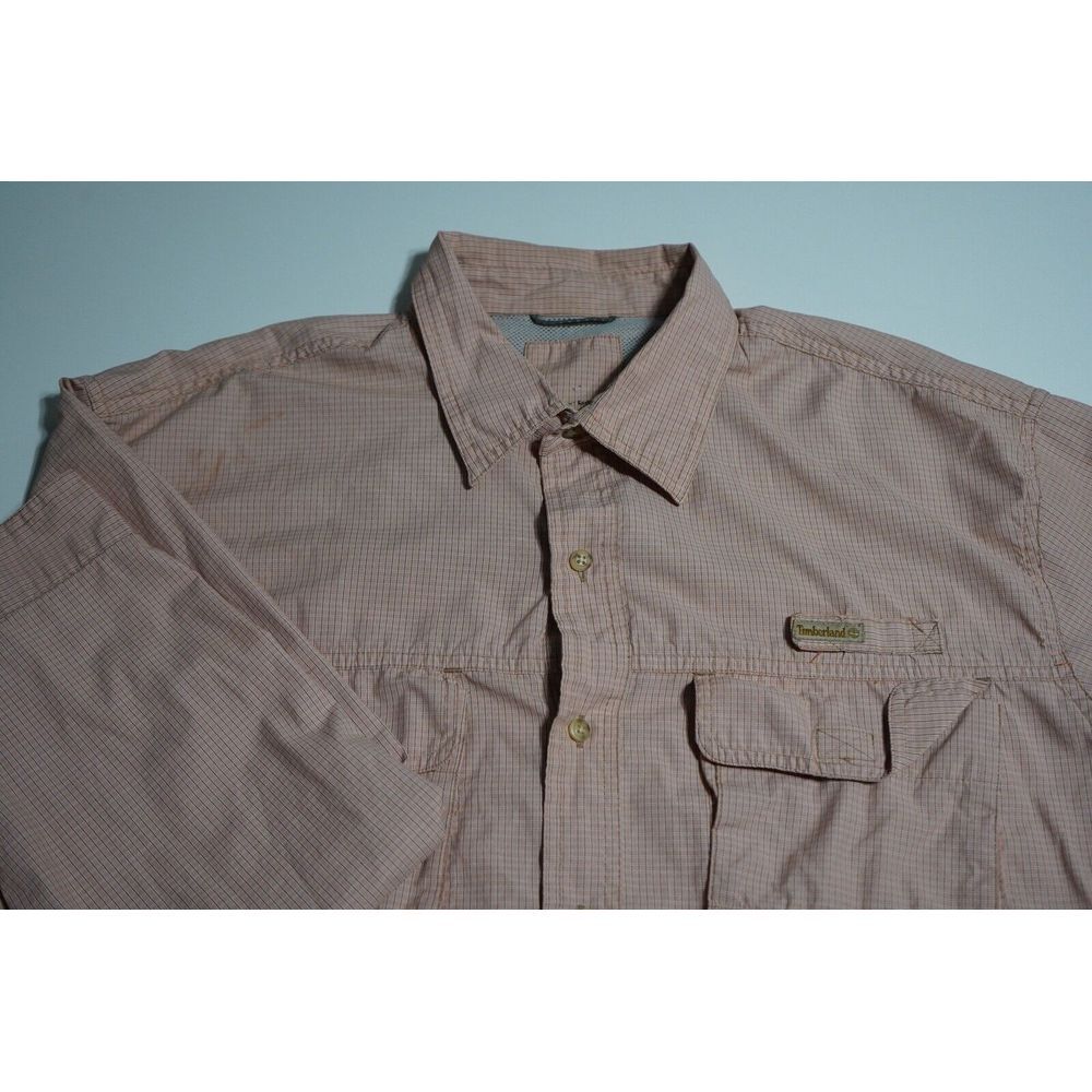 Timberland XL Vented Fishing Shirt Tan Blue plaid long roll sleeves button front